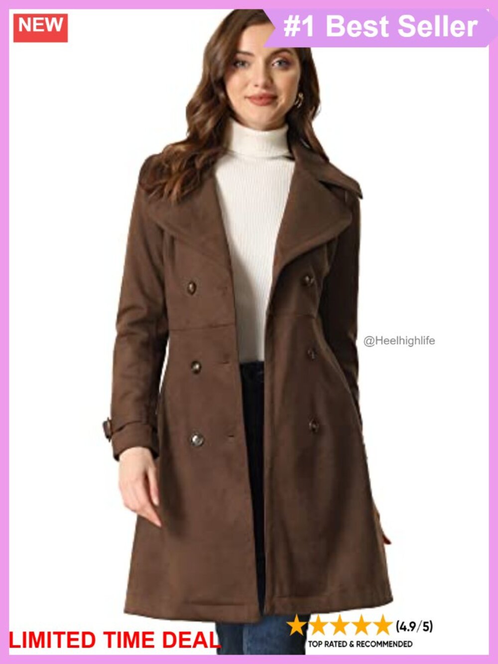 Faux Suede Trench Coat Belted Button Down Winter Overcoat